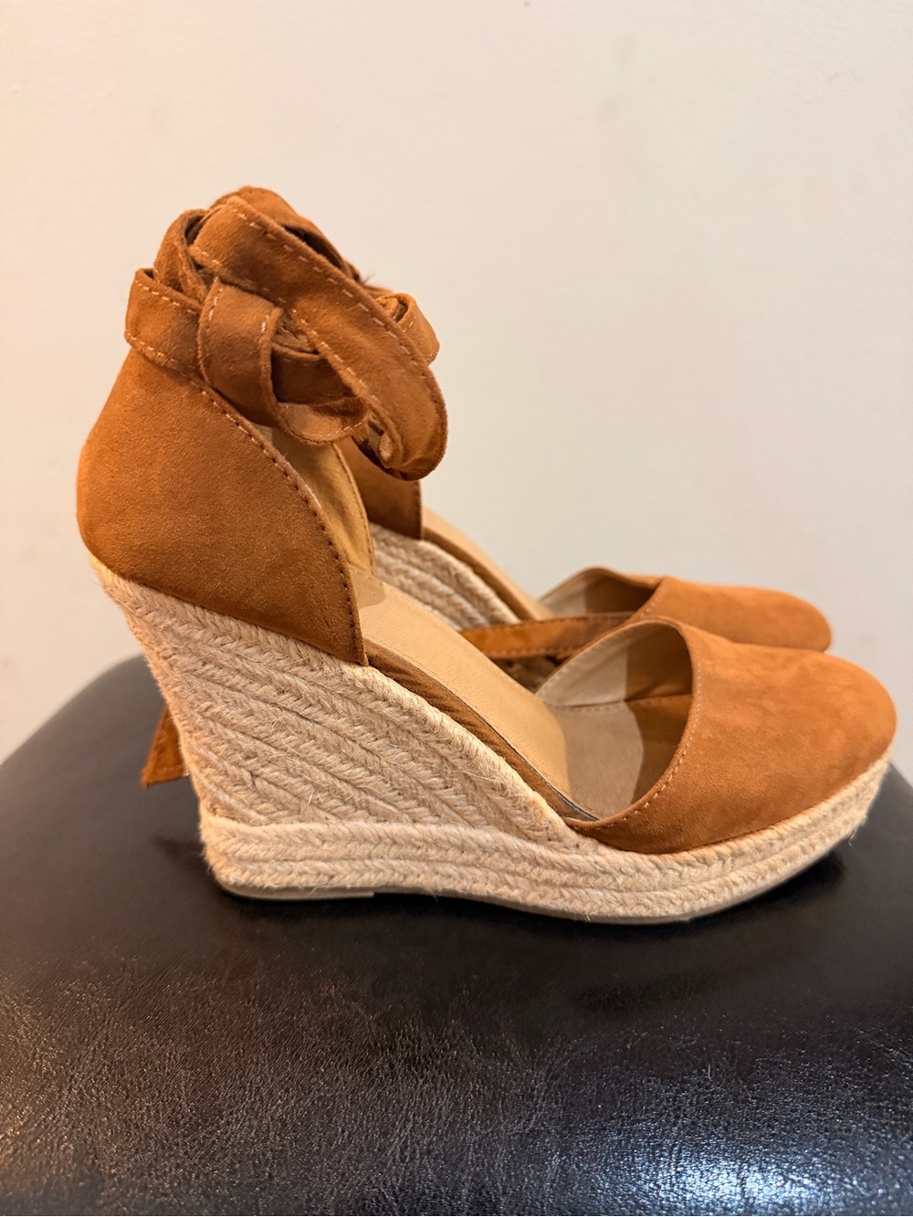 Brash Cognac Suede Espadrille Wedge Sandals with Ankle Wrap